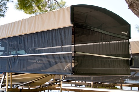ShoreScreen Power Curtain moving to uncover the boat quickly